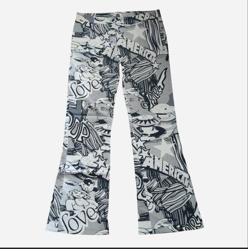 Y2K Comic Print Flare Pants – Socki Graphic Low Rise Bootcut Trousers  Pop Art L